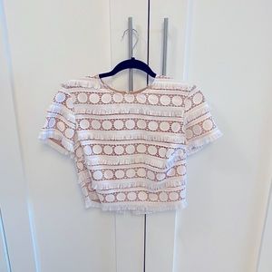 Nicole Miller Blouse White Fringe & Nude Lining Inside Size S